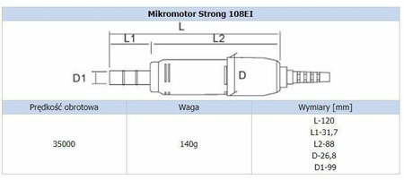 Mikrosilnik protetyczny STRONG 108EI SAESHIN 35 000 obr./min, 2,8 Ncm, autoklawowalny, do laboratoriów dentystycznych